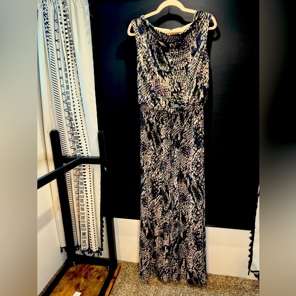 Vince Camuto, black, multicolor, snake skin, cowl neck jumpsuit